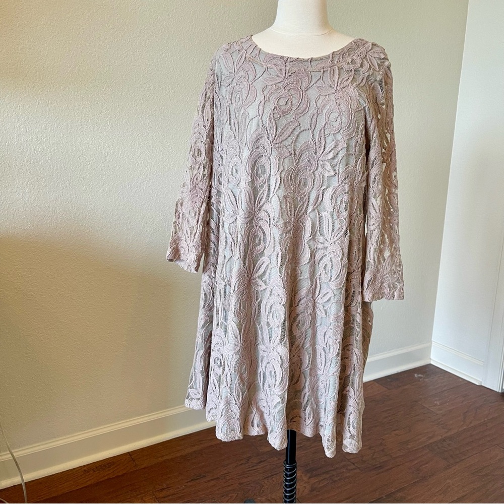 Anthropologie dress by Puella.  Gray sheath with a taupe lace overlay.  Size L.